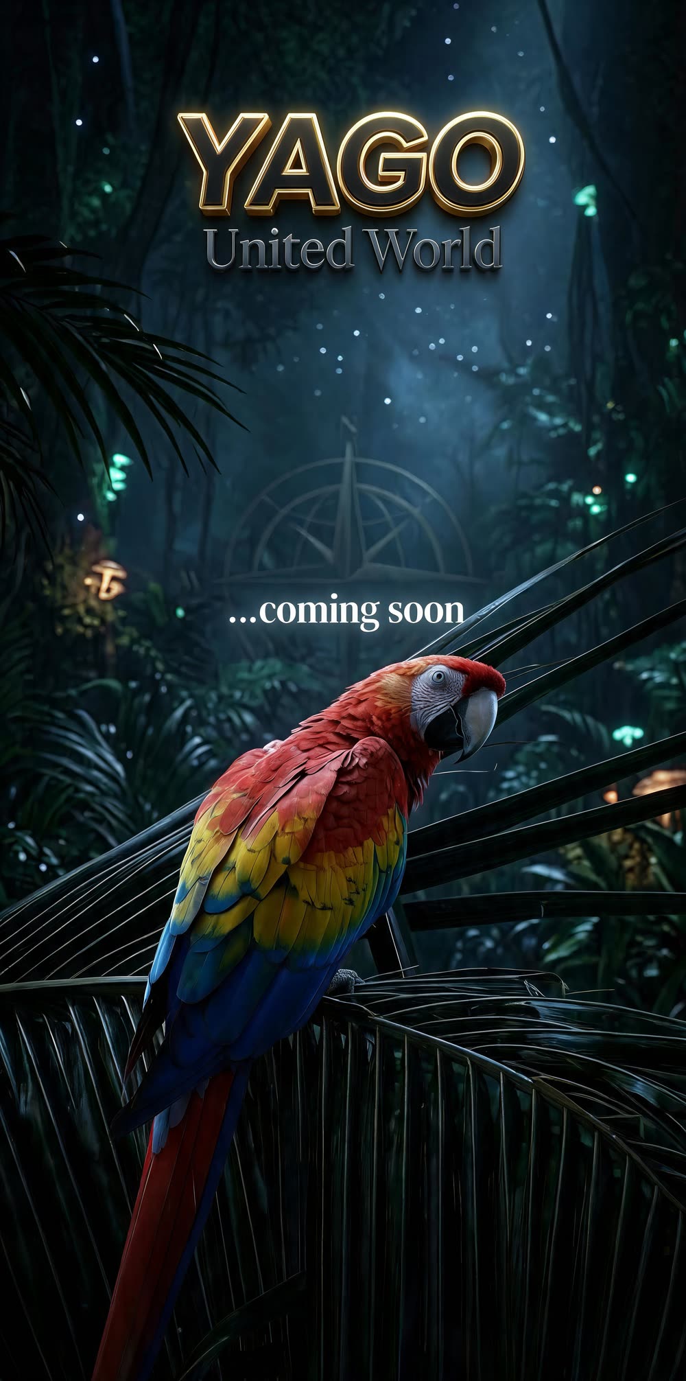 A scarlet macaw perched on a palm frond in a moonlit jungle.